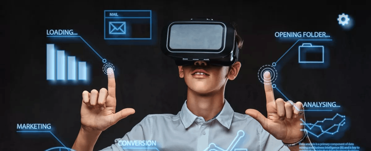 teenager dressed white t-shirt using virtual reality glasses with graph charts numbers lines technology concept image
